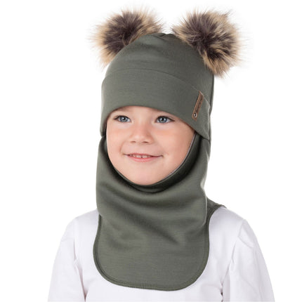 Khaki Green Merino Wool Double Pom-Pom Balaclava