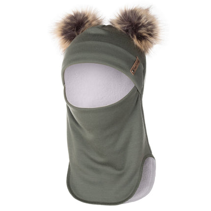 Khaki Green Merino Wool Double Pom-Pom Balaclava
