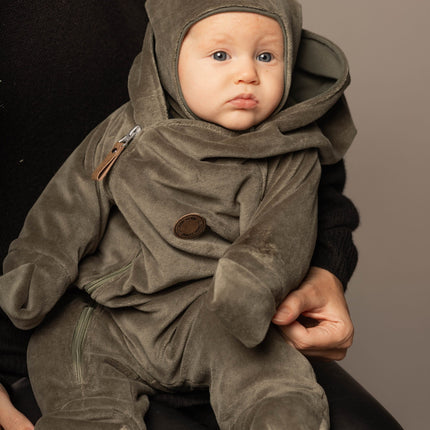 Khaki Green Velvet Baby Overall with Merino Wool Lining