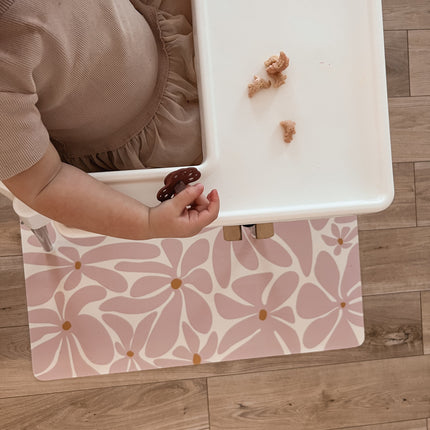 Kids Mealtime Floor Mat, Non-Slip & Waterproof - Daisy Pink
