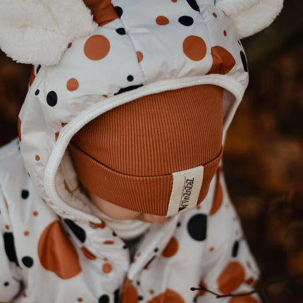 Winter Jumpsuit with Teddy Lining for Babies and Kids - Black and Orange Dots