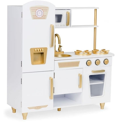 Large White and Gold Wooden Play Kitchen for Children