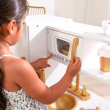 Large White and Gold Wooden Play Kitchen for Children