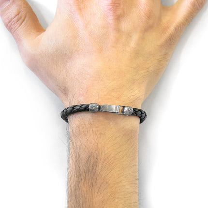 Leather Bracelet Skye Silver and Braided - Midnight Black
