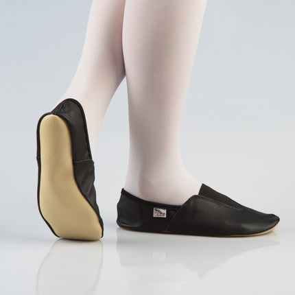 Leather Gymnastics Slippers With Rubber Detail and Sole - Black