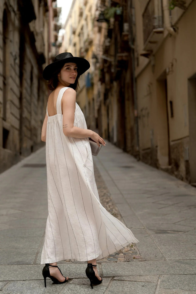 Linen Fugue Dress - Milk White with Grey Stripe