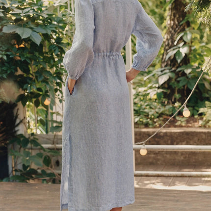 Linen Rhapsody Dress - Blue White Stripes