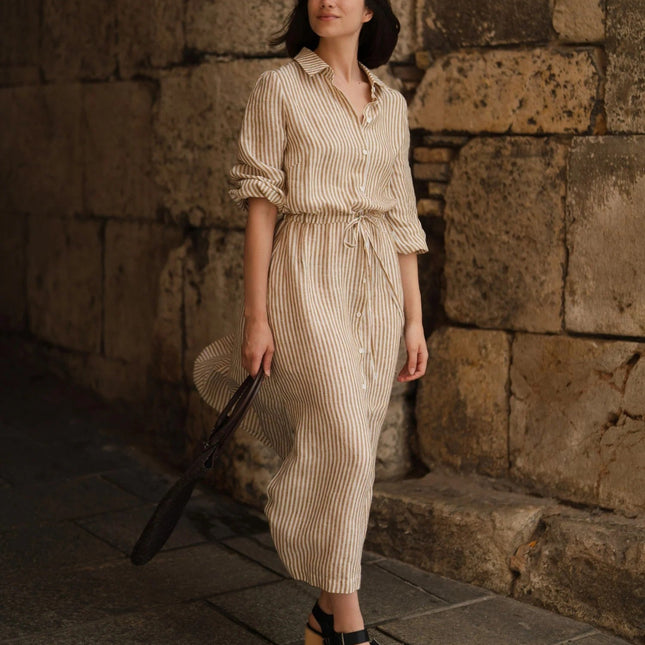 Linen Rhapsody Dress - Bronze White Stripes