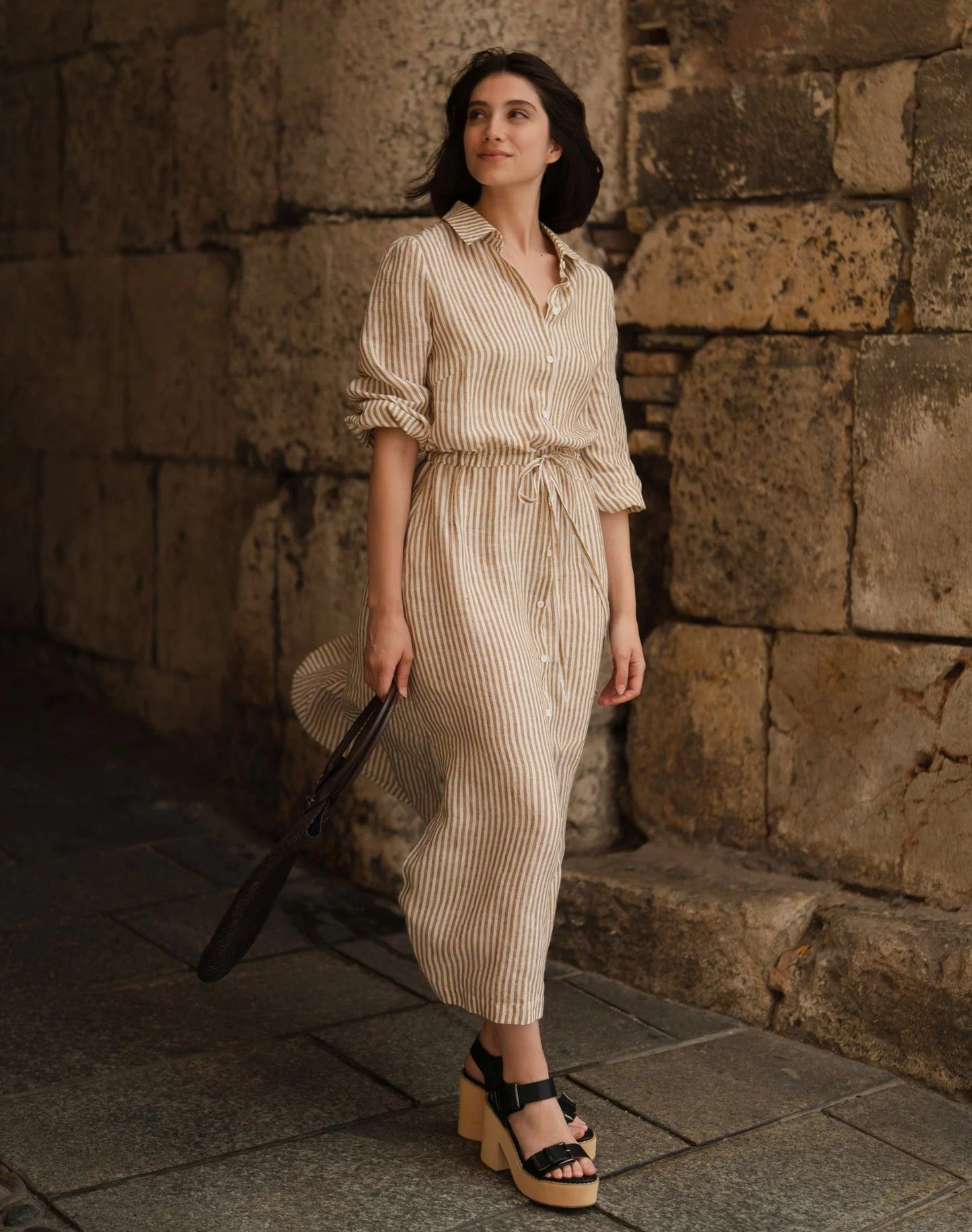 Linen Rhapsody Dress - Bronze White Stripes