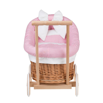 Luna wicker doll stroller 1330 with pink trim, blanket, and pillow