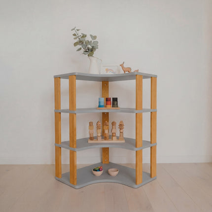 Modular Montessori Shelf Corner - 4 Shelves - Light grey/brownish oil