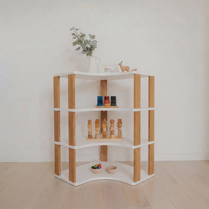 Modular Montessori Shelf Corner - 4 Shelves - White/brownish oil
