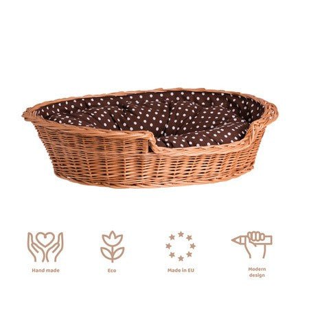 Esmira Natural Wicker Dog Bed With Polka Dot Cushion, 65x43 cm - LoveStyle World