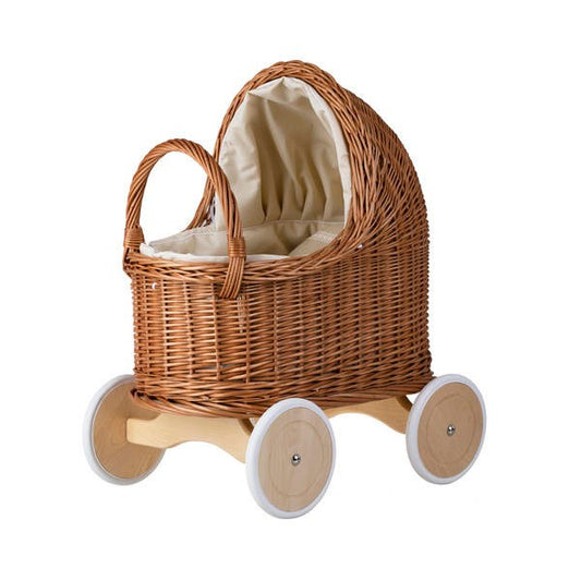 Natural Wicker Doll Pram – Beige Bedding