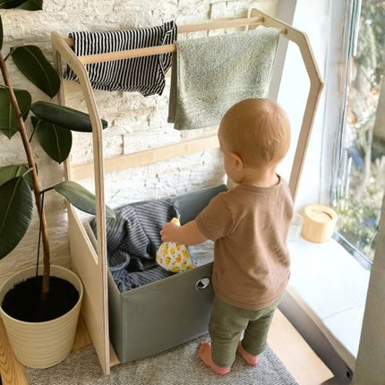 Montessori Wooden Clothes Drying Rack with Grey Storage