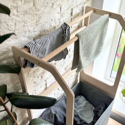 Montessori Wooden Clothes Drying Rack with Grey Storage