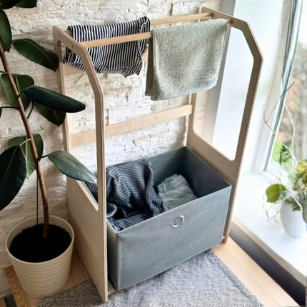 Montessori Wooden Clothes Drying Rack with Grey Storage