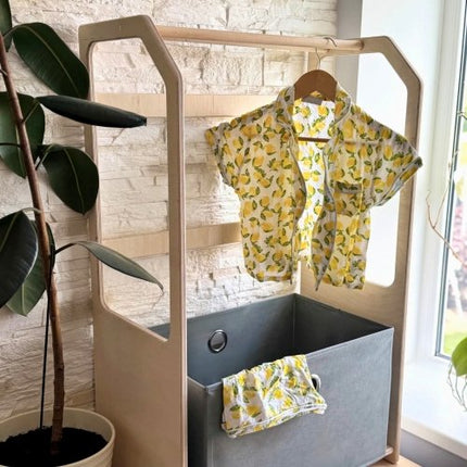 Montessori Wooden Clothes Drying Rack with Grey Storage