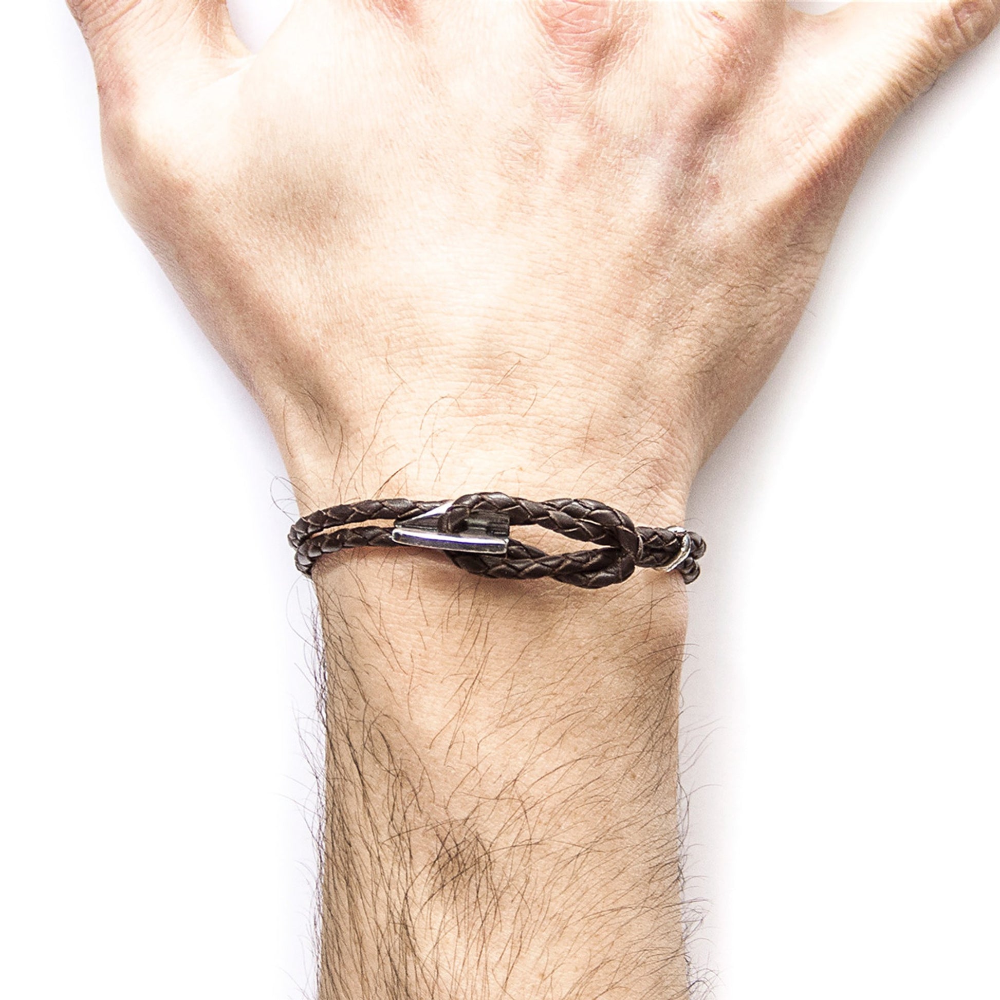 Padstow Silver and Braided Leather Bracelet - Dark Brown