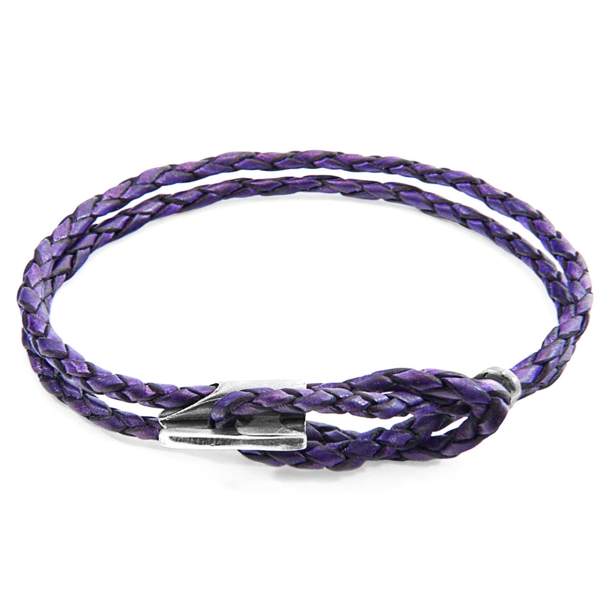 Padstow Silver and Braided Leather Bracelet - Grape Purple