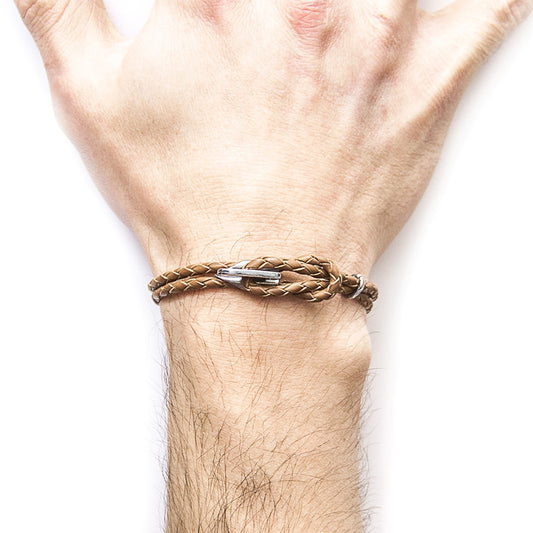 Padstow Silver and Braided Leather Bracelet - Light Brown