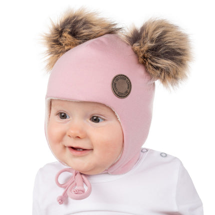 Pink Merino Wool Baby Hat with Faux-Fur Pompoms