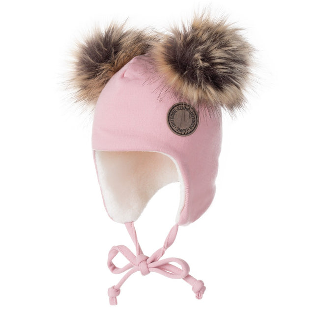 Pink Merino Wool Baby Hat with Faux-Fur Pompoms