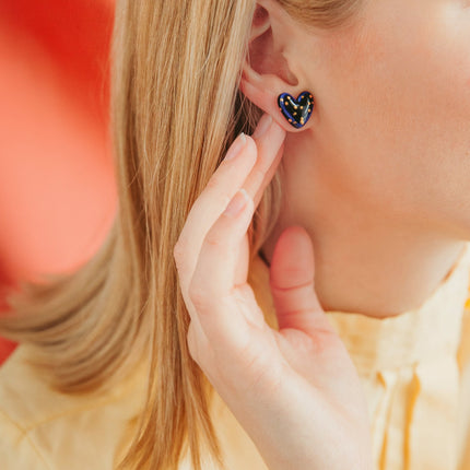 Dotted Porcelain Heart Studs -  Blue