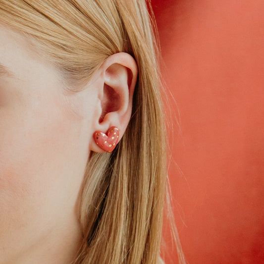 Dotted Porcelain Heart Studs -  Pink