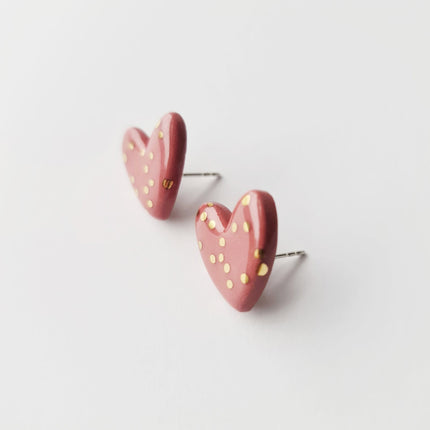 Dotted Porcelain Heart Studs -  Pink