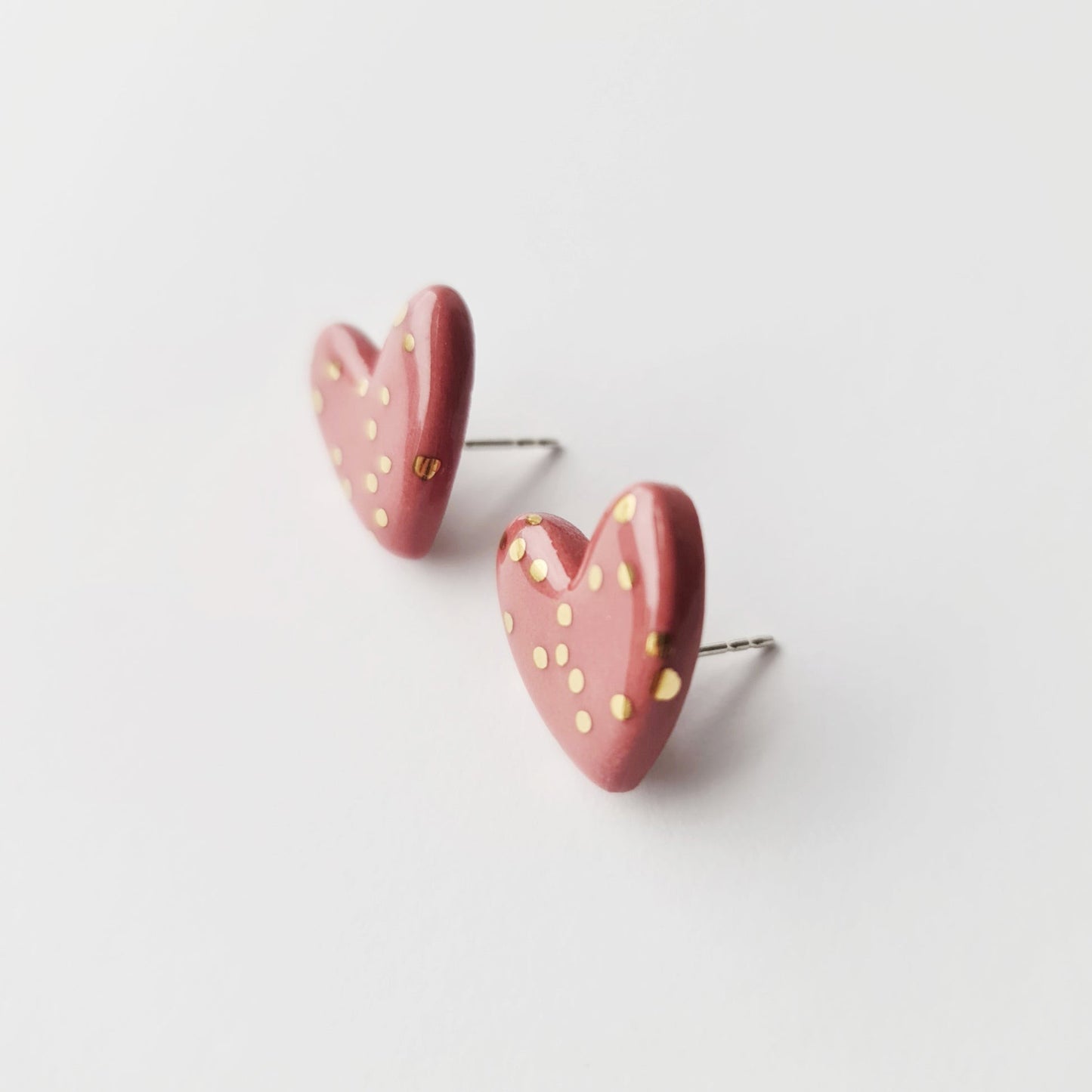 Dotted Porcelain Heart Studs -  Pink