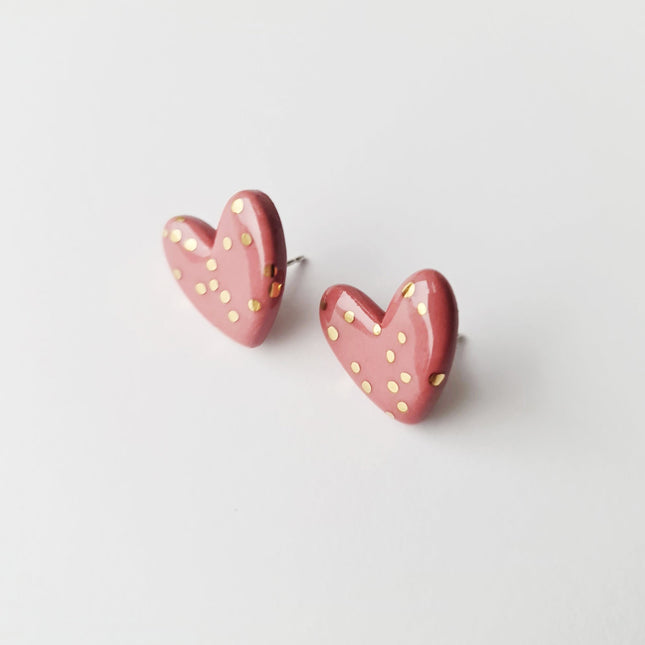 Dotted Porcelain Heart Studs - Pink - LoveStyle World