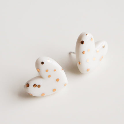 Dotted Porcelain Heart Studs -  White