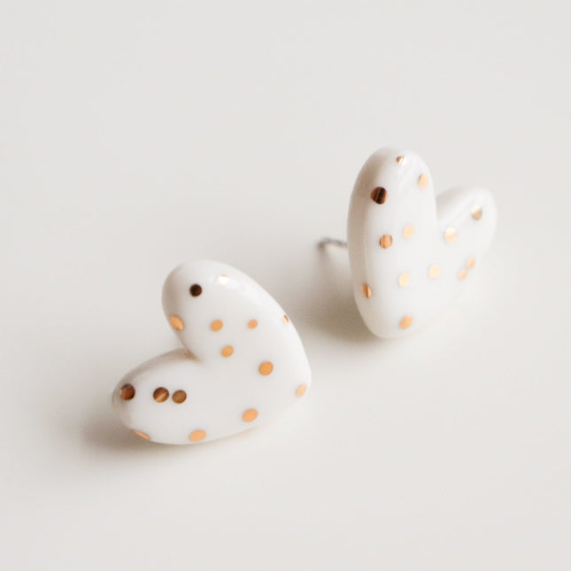 Dotted Porcelain Heart Studs - White - LoveStyle World