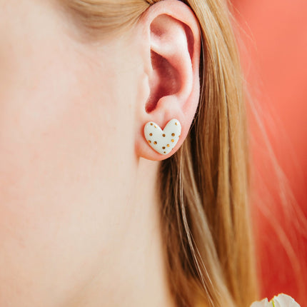 Dotted Porcelain Heart Studs -  White