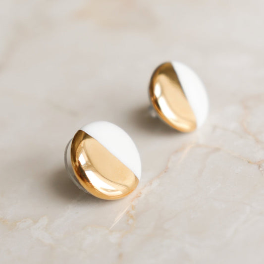 Porcelain Round Stud Earrings - White and Gold