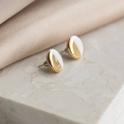 Porcelain Round Stud Earrings - White and Gold
