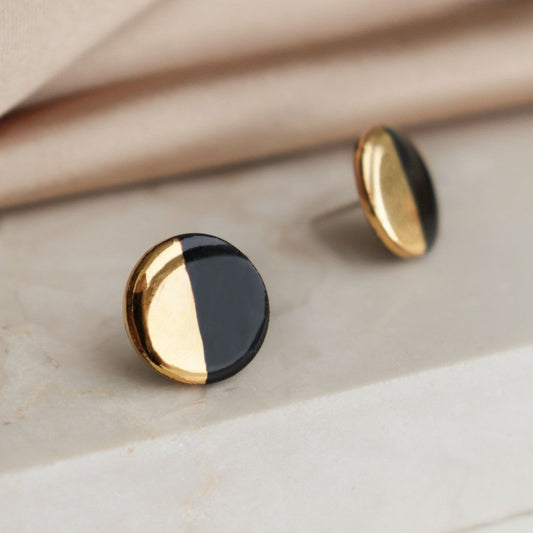 Porcelain Round Stud Earrings - Black and Gold