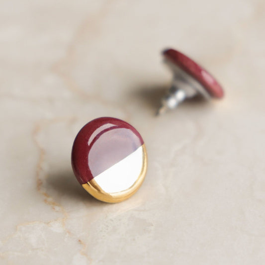 Porcelain Round Stud Earrings - Burgundy and Gold