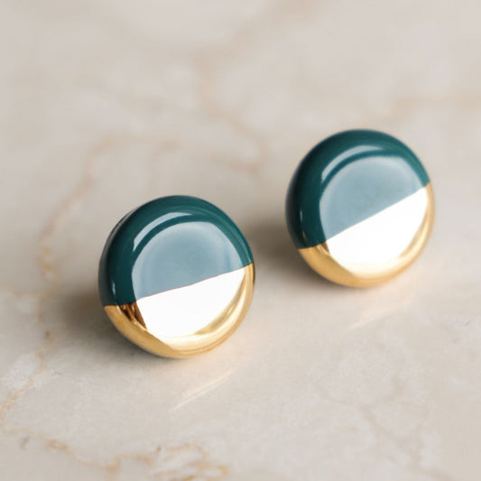 Porcelain Round Stud Earrings - Green and Gold