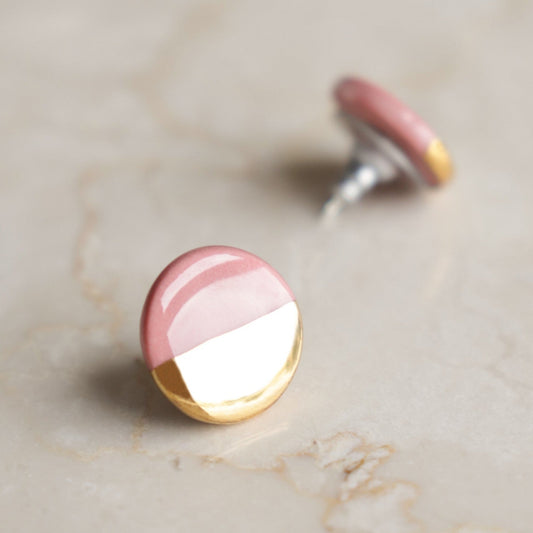Porcelain Round Stud Earrings - Pink and Gold