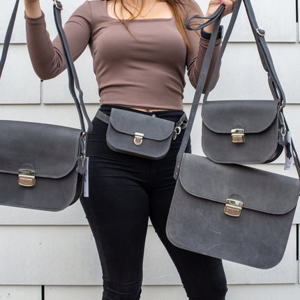 Natural Leather Saddle Bag Large – Grey