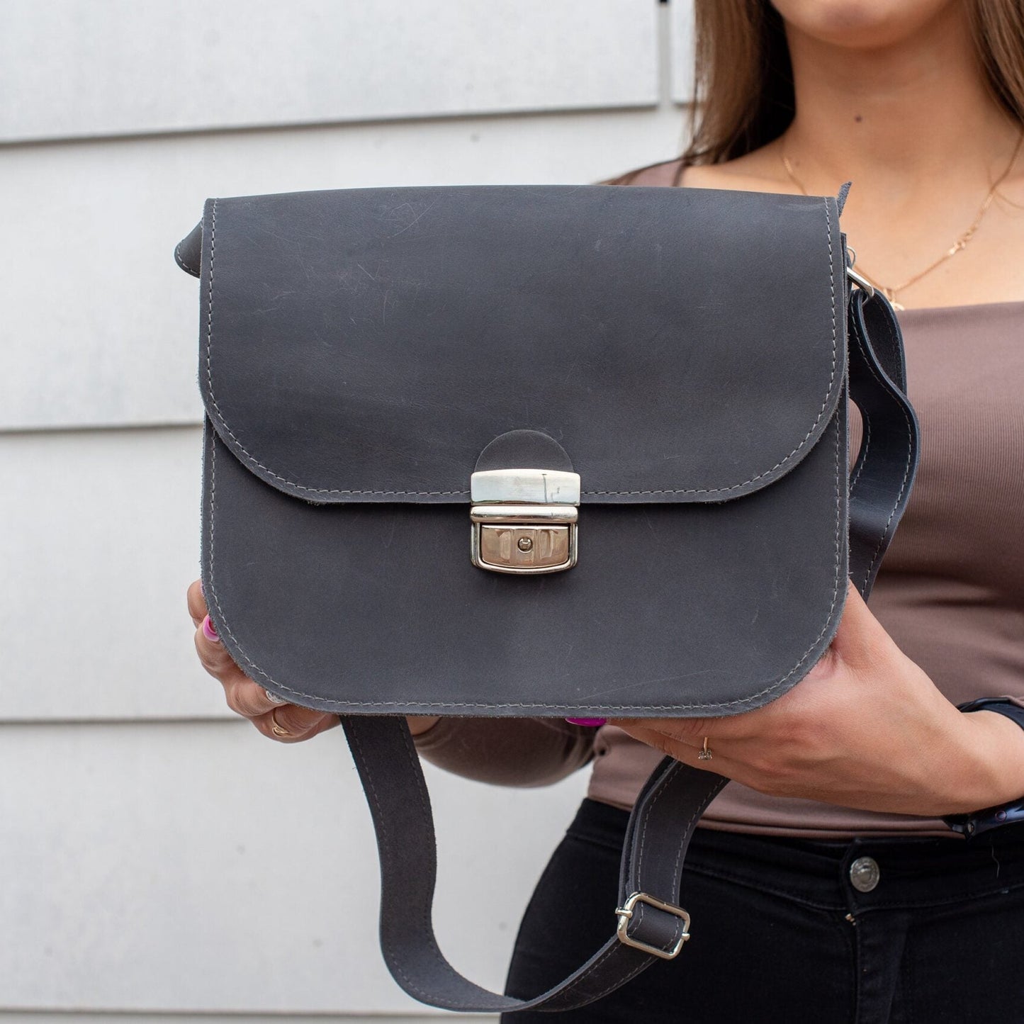 Natural Leather Saddle Bag Large – Grey