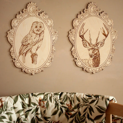 Set of 4 Engraved Forest Animals Pictures with Retro Frame