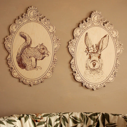 Set of 4 Engraved Forest Animals Pictures with Retro Frame