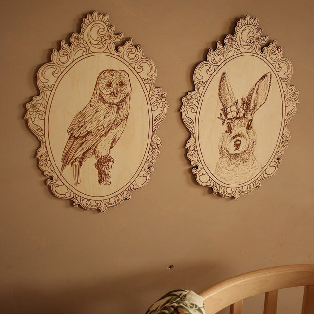 Set of 4 Engraved Forest Animals Pictures with Retro Frame