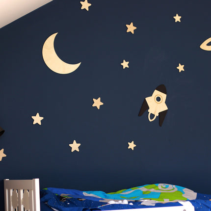 Wooden Wall Decoration - Moon, Saturn, Rocket & 10 Stars
