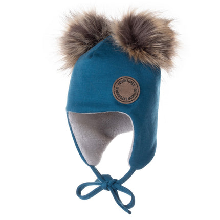 Teal Blue Merino Wool Baby Hat with Faux-Fur Pompoms
