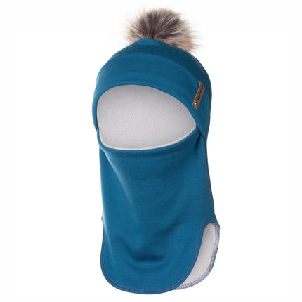 Teal Blue Merino Wool Pom-Pom Balaclava