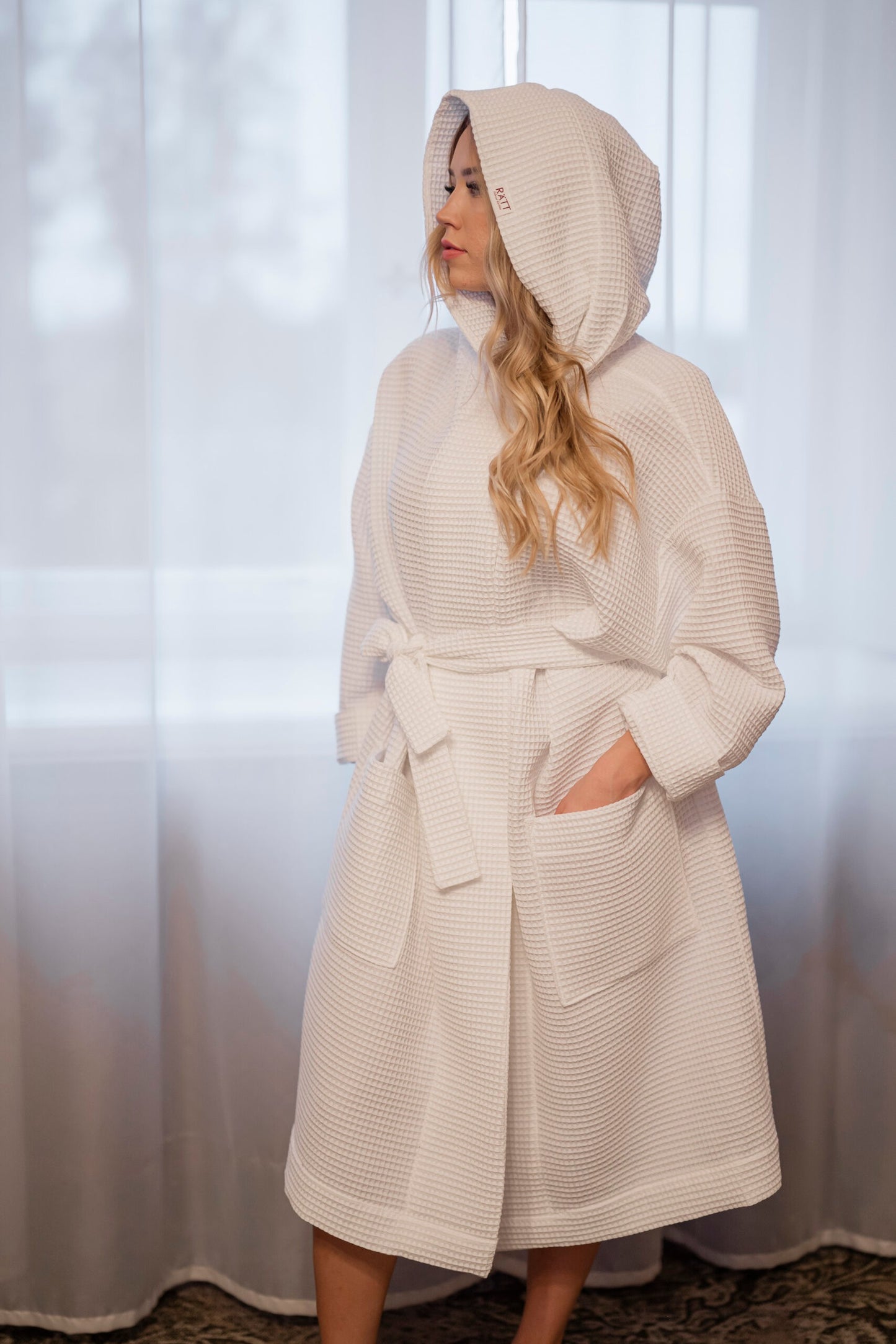 Waffle Cotton UNISEX Robe with Hood - White